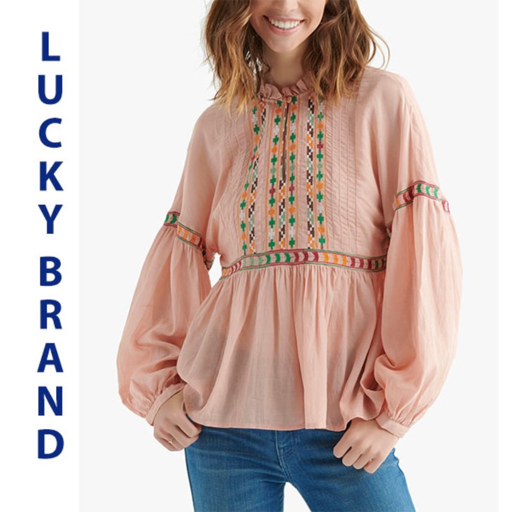 Lucky Brand Embroidered Peasant Top Size Large